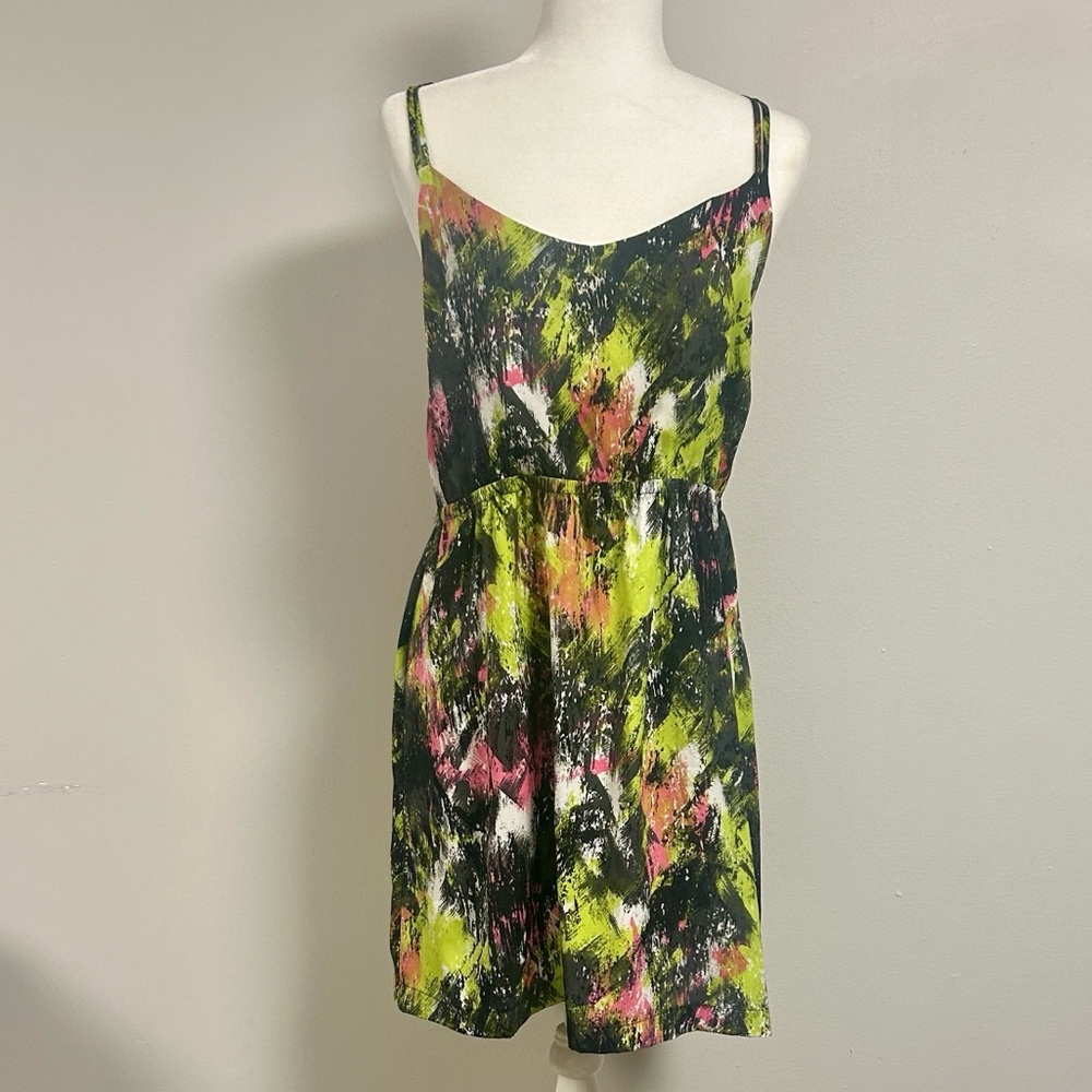 Bar III Slip Dress | Size L | Neon Abstract Print | Strappy Back | Excellent